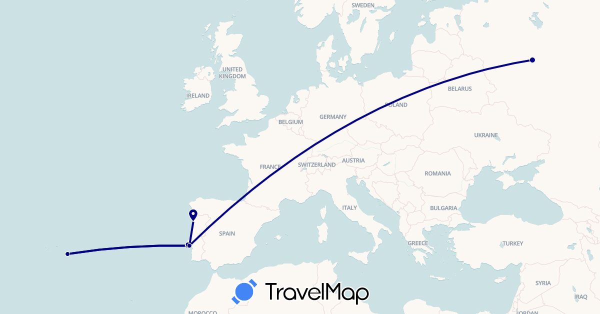 TravelMap itinerary: driving in Portugal, Russia (Europe)